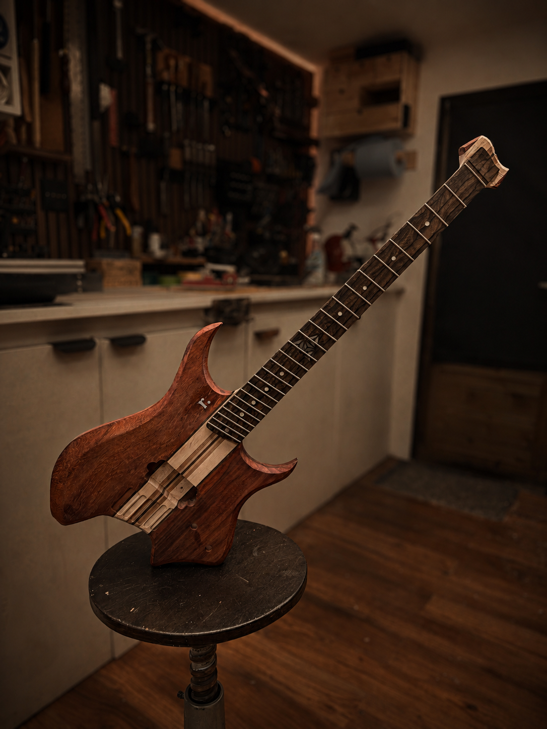 Handmade guitar taking shape on a stool in the workshop